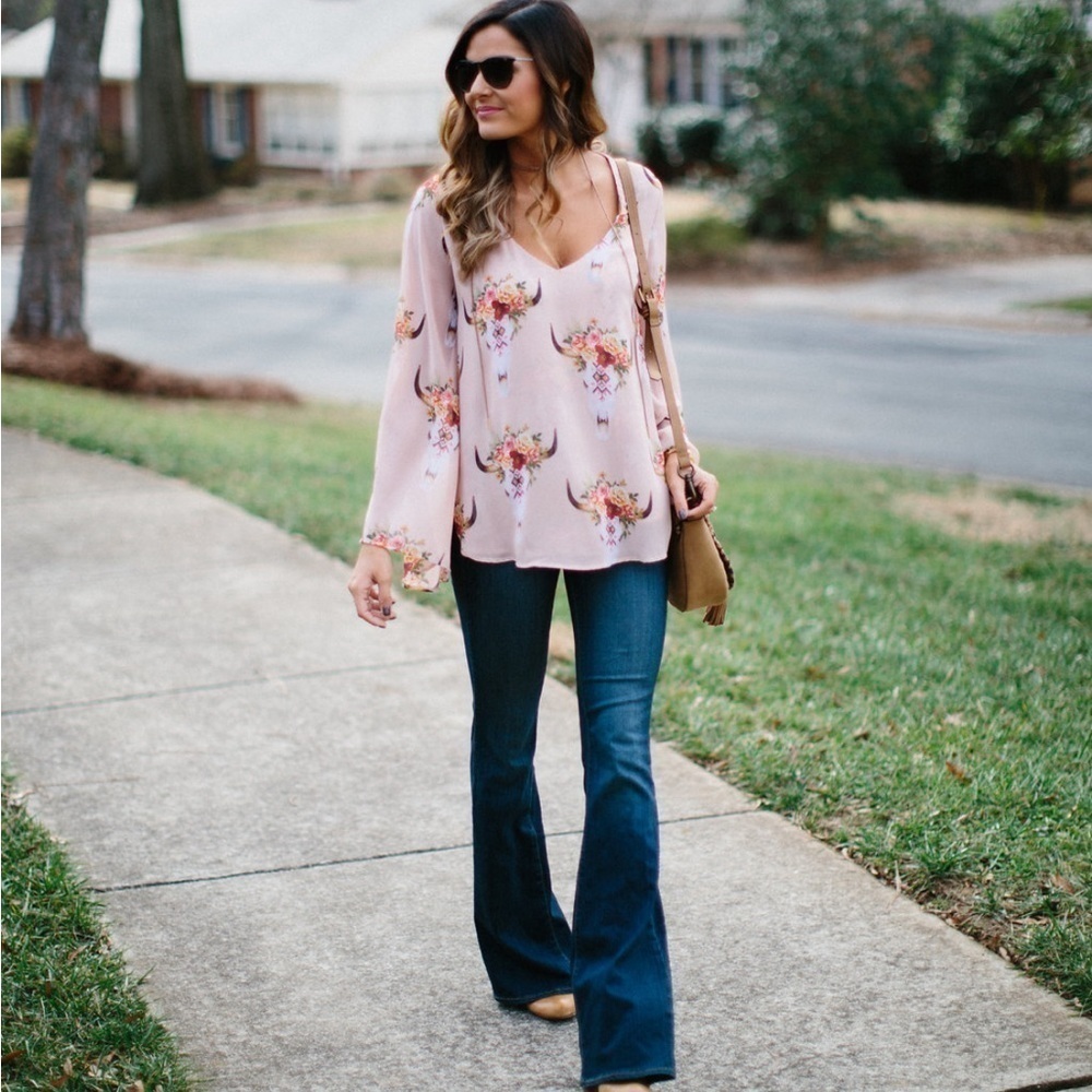 Show Me Your Mumu Hippie Dippie Bull Skull Flowy Top Size Small Peach